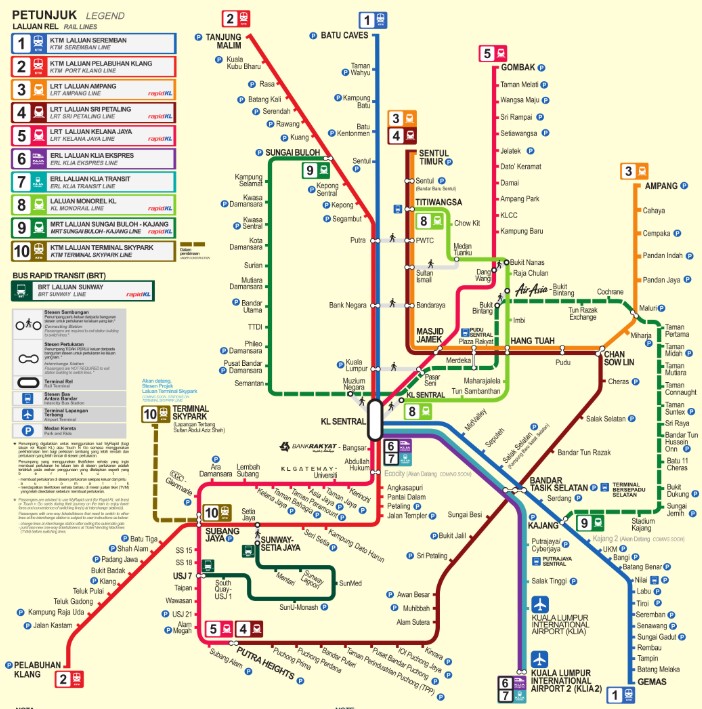 Mapa do metrô, trem e monotrilho de Kuala Lumpur