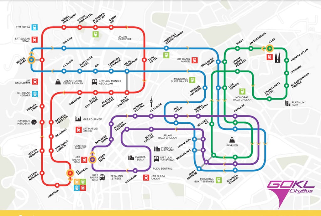 Mapa do ônibus gratuito de Kuala Lumpur GO KL